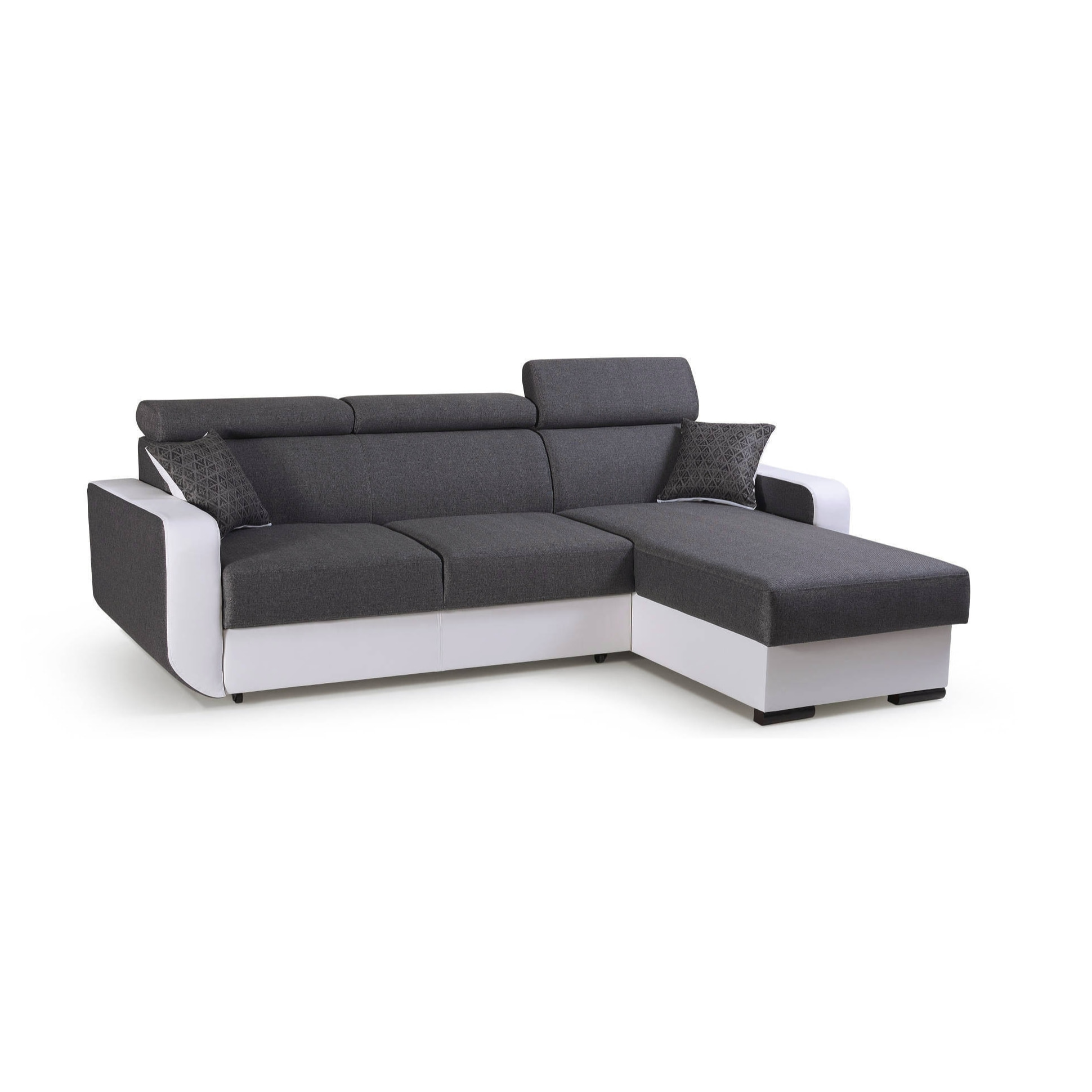 Dustin - Canapé d'angle réversible - 4 places - Convertible avec coffre - Têtières réglables - Blanc / Gris