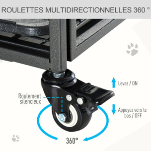 Cage chiens pliable sur roulettes 2 portes verrouillables métal gris noir