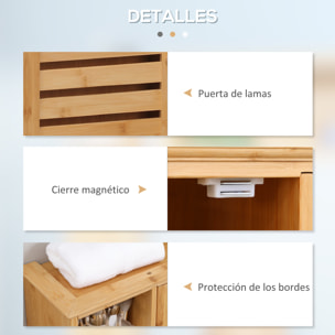 kleankin Armario de Pared de Bambú Mueble Colgante de Baño con Puerta Magnético 4 Compartimientos de Almacenaje y Barra para Colgar para Cocina Dormitorio Ducha 65x17,8x54,6 cm Natural