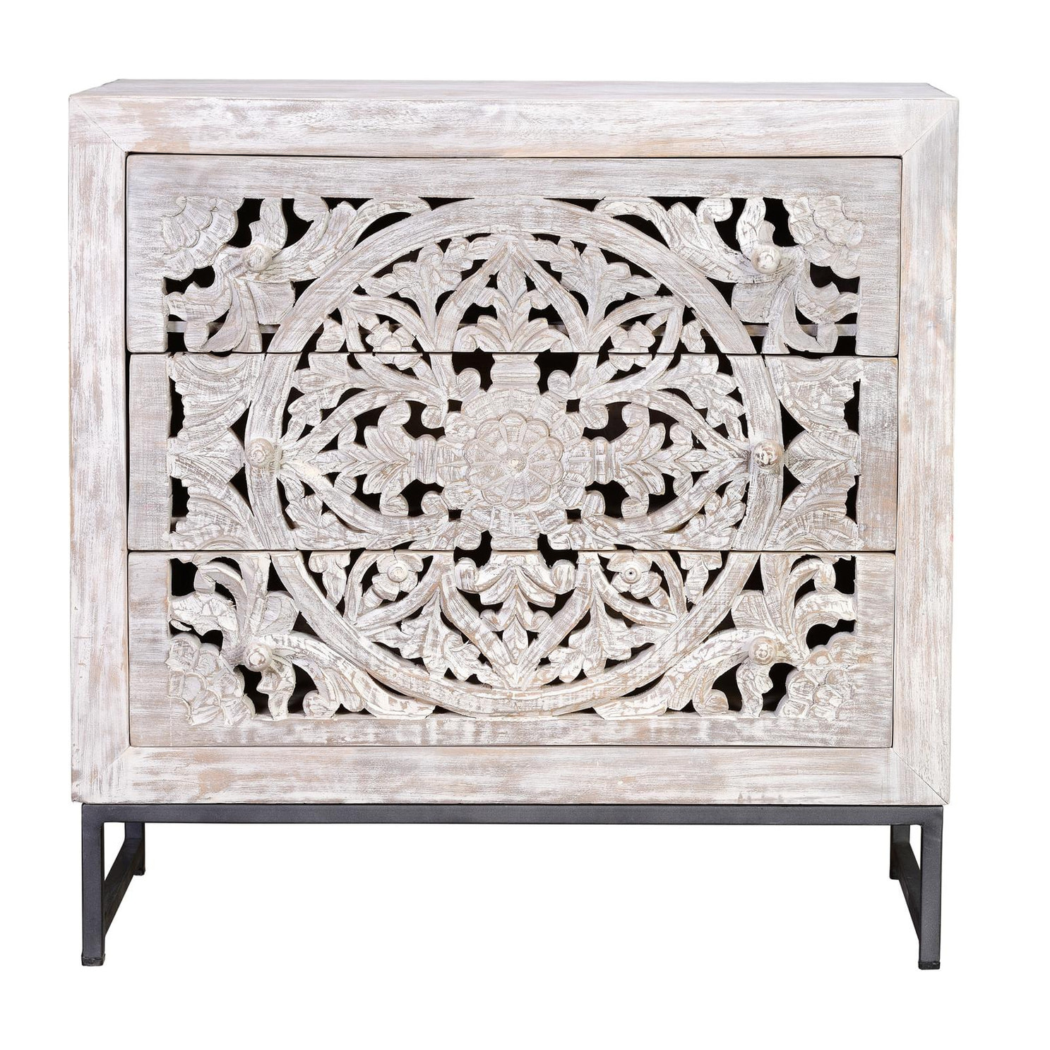 Cómoda de Madera de Mango 80 Cm Estilo Étnico Boho Tallado
