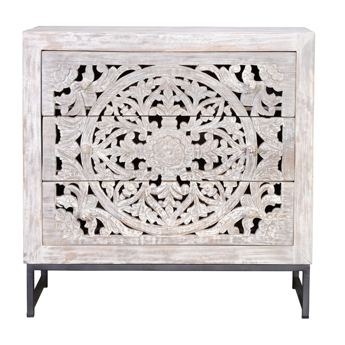 Cómoda de Madera de Mango 80 Cm Estilo Étnico Boho Tallado