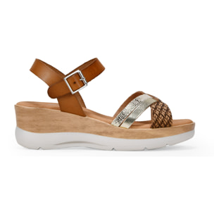 Sandalias de piel marrones con cuña efecto madera