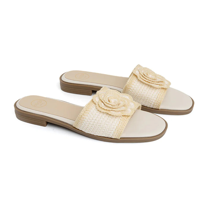 Ciabatta con fascia crochet e maxi fiore - BEIGE
