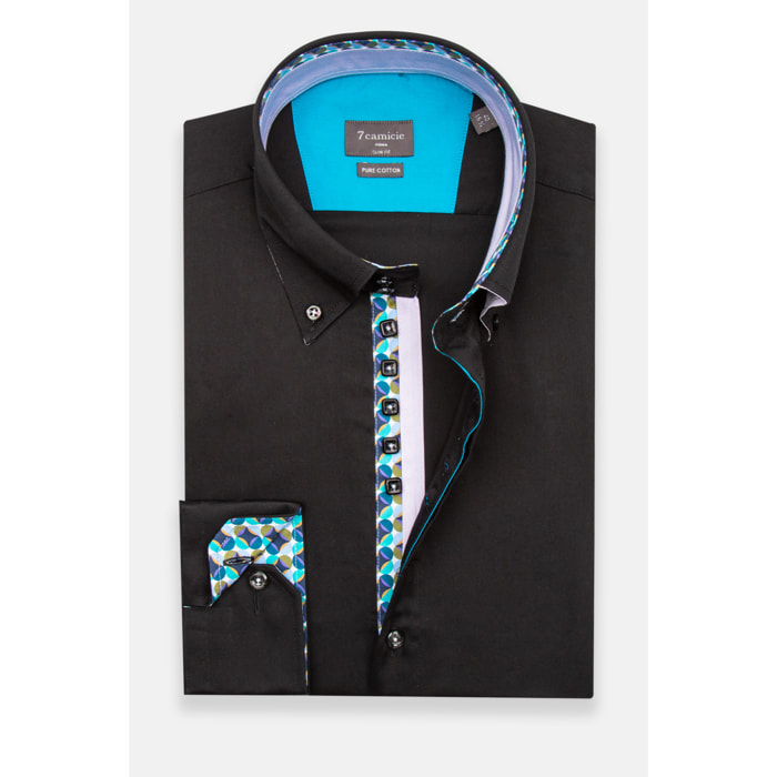 Camicia Uomo 2 Bottoni Button Down Slim Satin Unito Nero
