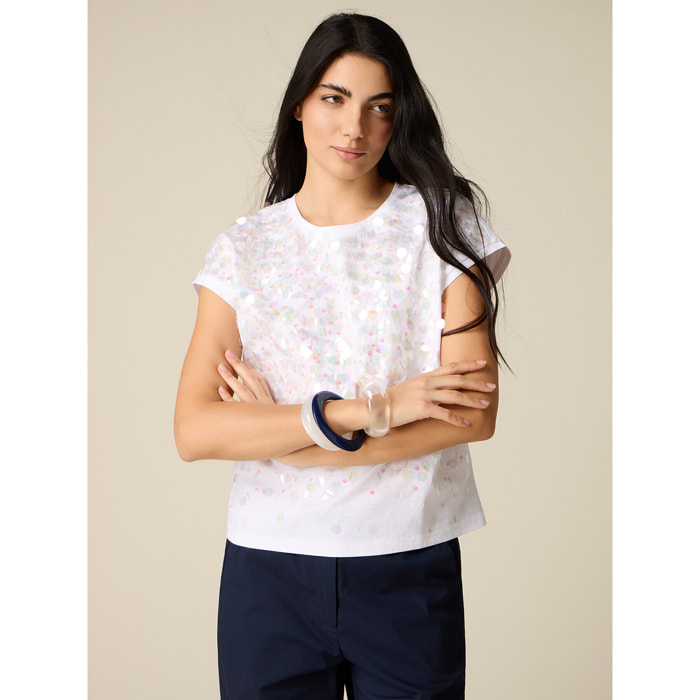 Oltre - T-shirt con ricamo in paillettes - Bianco