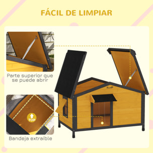 Caseta para Perros Exterior Casa para Perros Pequeños con Techo Asfáltico Abatible 2 Ventanas Puerta con Cortina y Base Extraíble 97x72x65 cm Madera Natural