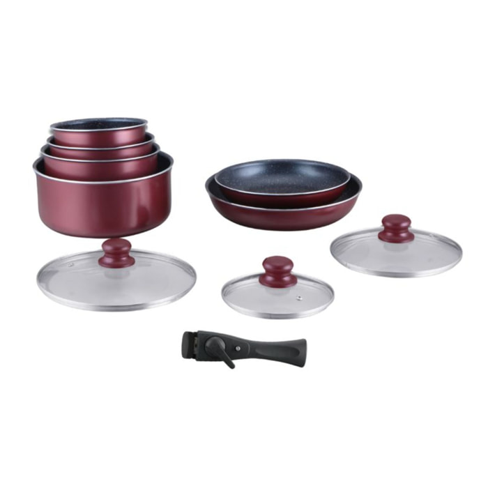 Batterie de cuisine revêtement pierre avec manche amovible 10 pieces Bordeaux Hagen HA04647-BR