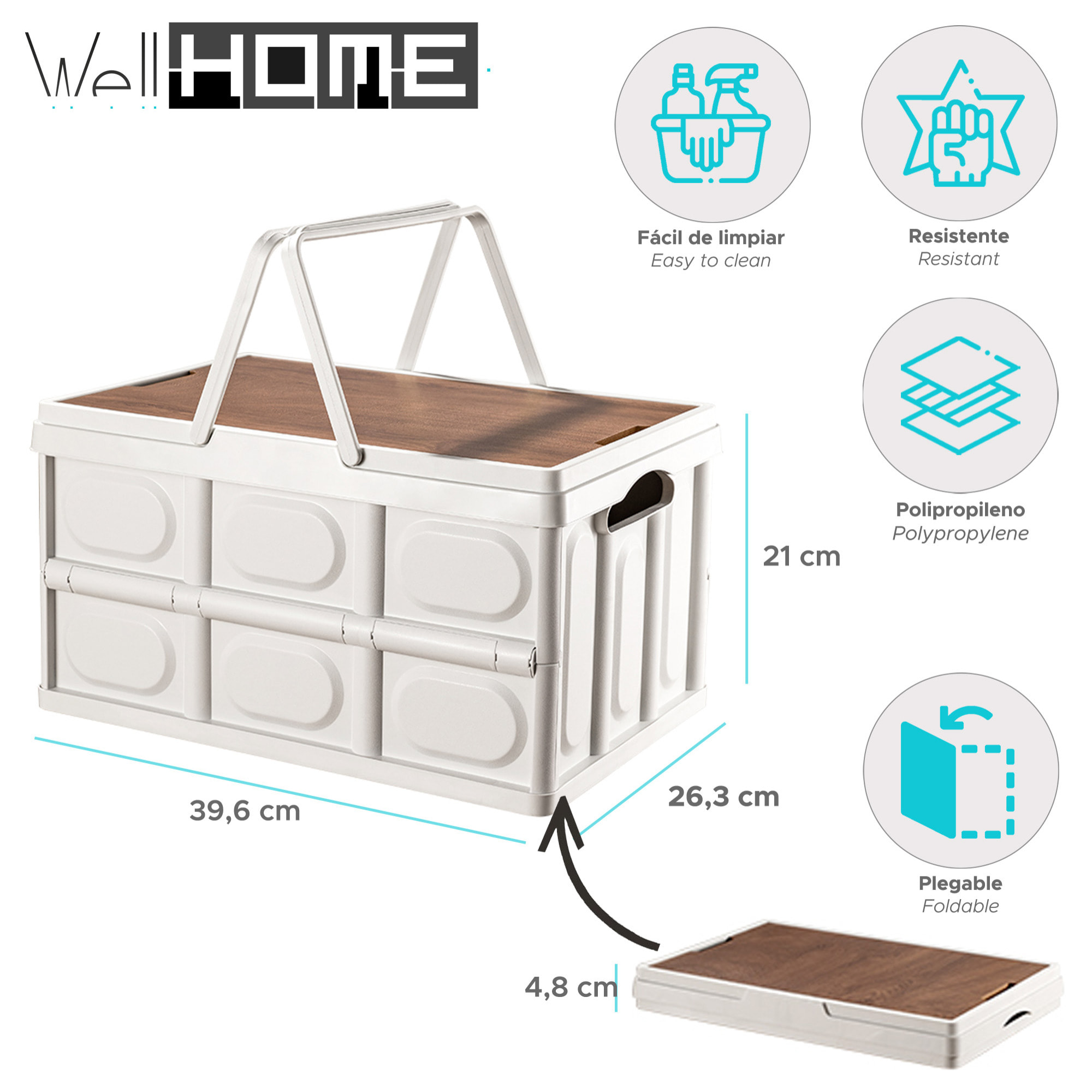 Caja de almacenamiento plegable color blanco con tapa imitación madera