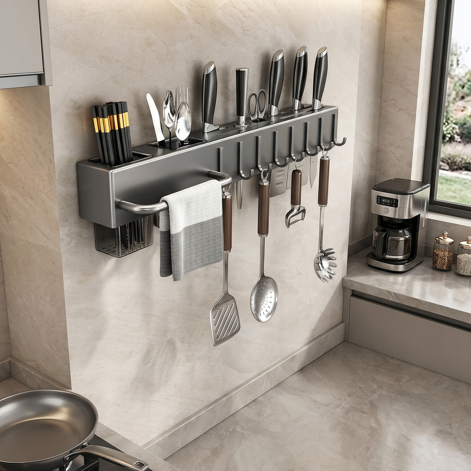 Soporte metálico multifuncional para pared con montaje mediante pegamento o tornillos. Organiza utensilios de cocina de forma práctica, con múltiples compartimentos, ganchos y ranuras para cuchillos.