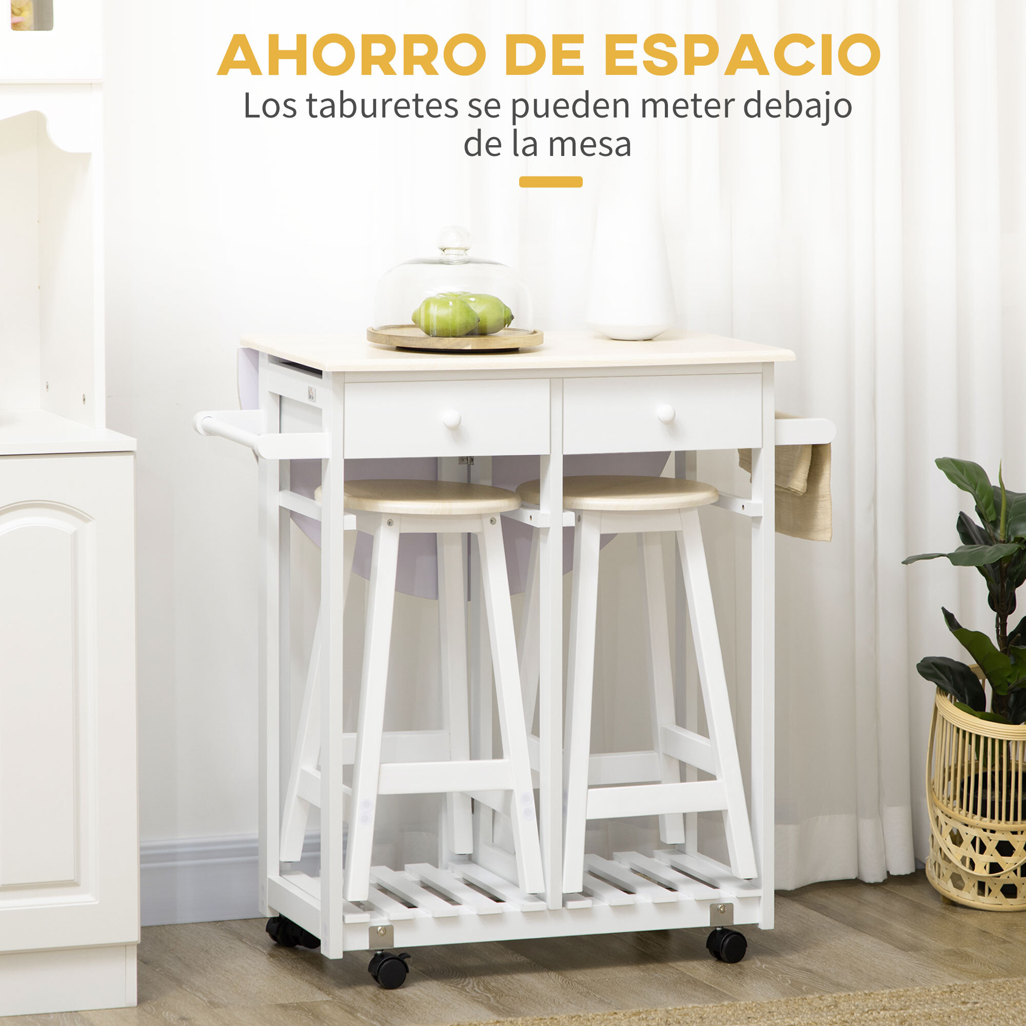 HOMCOM Carrito de Cocina de Madera 3 Piezas con 2 Taburetes Juego de Mesa de Bar con Ruedas Ala Abatible 2 Cajones Barras para Colgar y Estante de Almacenaje 87x74x86 cm Blanco