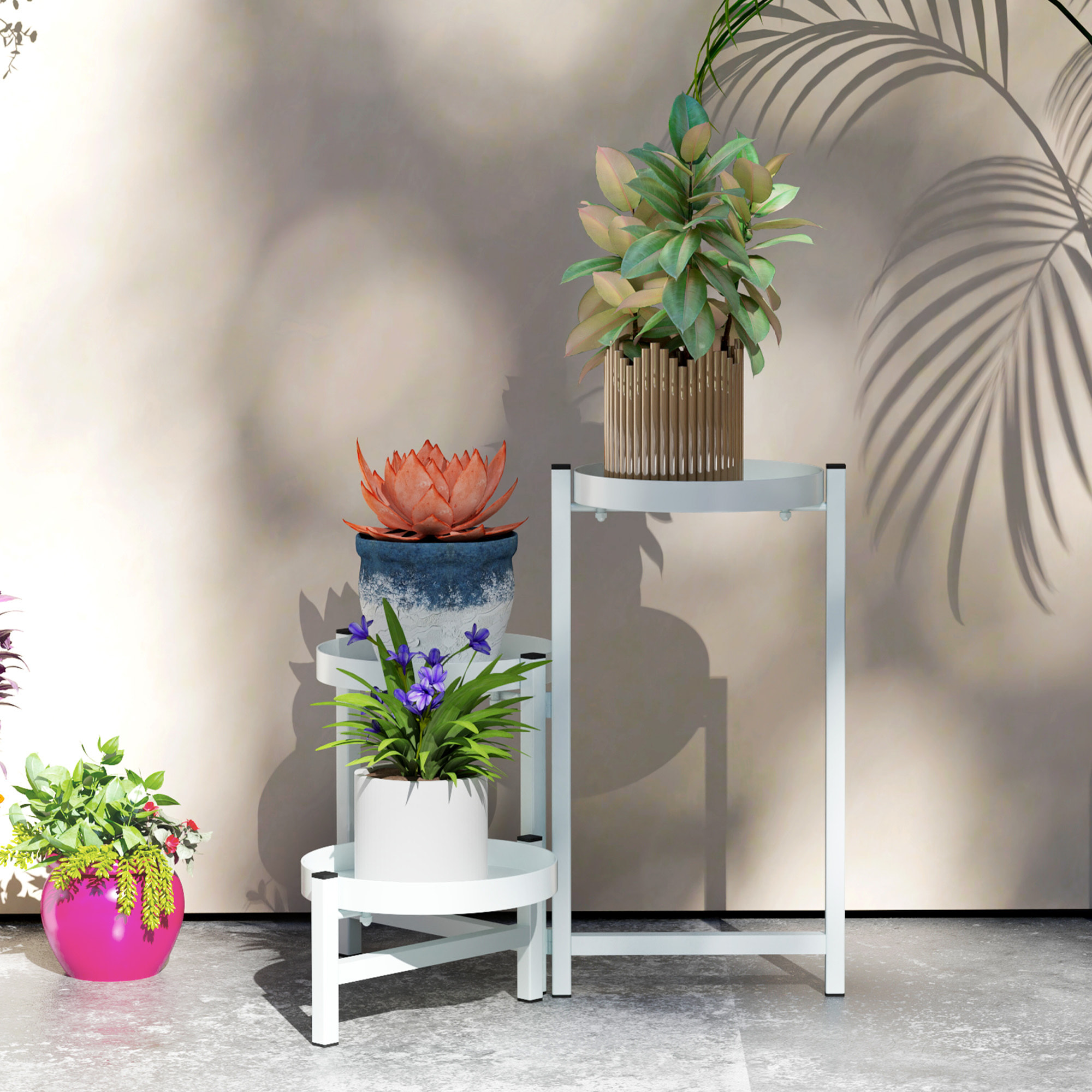 Estantería para Plantas Plegable de 3 Niveles Soporte para Plantas de Metal con 3 Estantes Redondos Soporte para Macetas para Interior y Exterior 40x40x42 cm Blanco