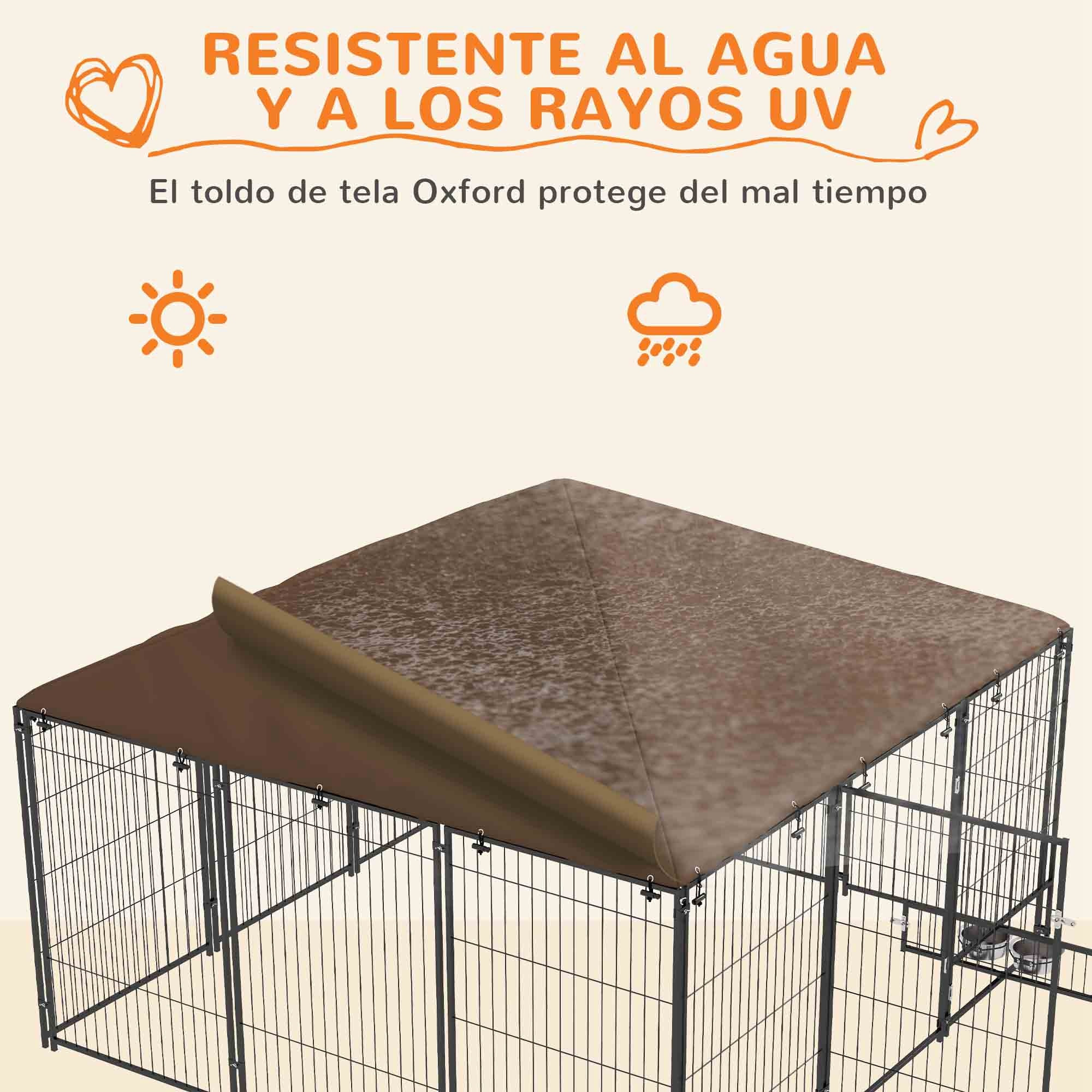 Perrera con Toldo Parque para Perros Metálica de Exterior con Soporte Giratorio para Comida 2 Cuencos para Patio Jardín Terraza 211x211x151 cm Negro