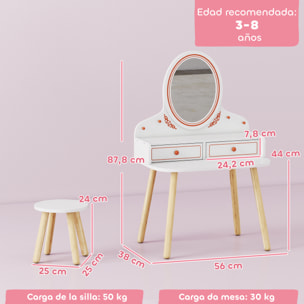 Tocador de Maquillaje Niña, Tocador Infantil con Taburete y Espejo, 2 Cajones y Barras Colgantes, para Niños de 3 a 8 Años, Blanco