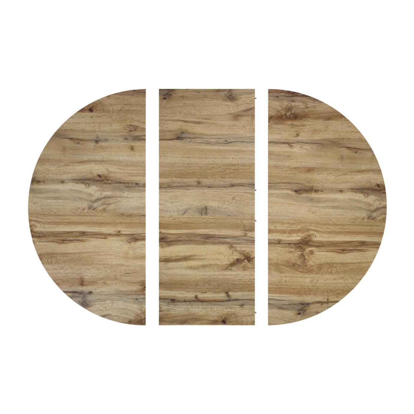 Tavolo rotondo POLA in legno, finitura rovere rustico e gambe incrociate in metallo nero, allungabile Ø100xH75 cm - 140x100x75 cm