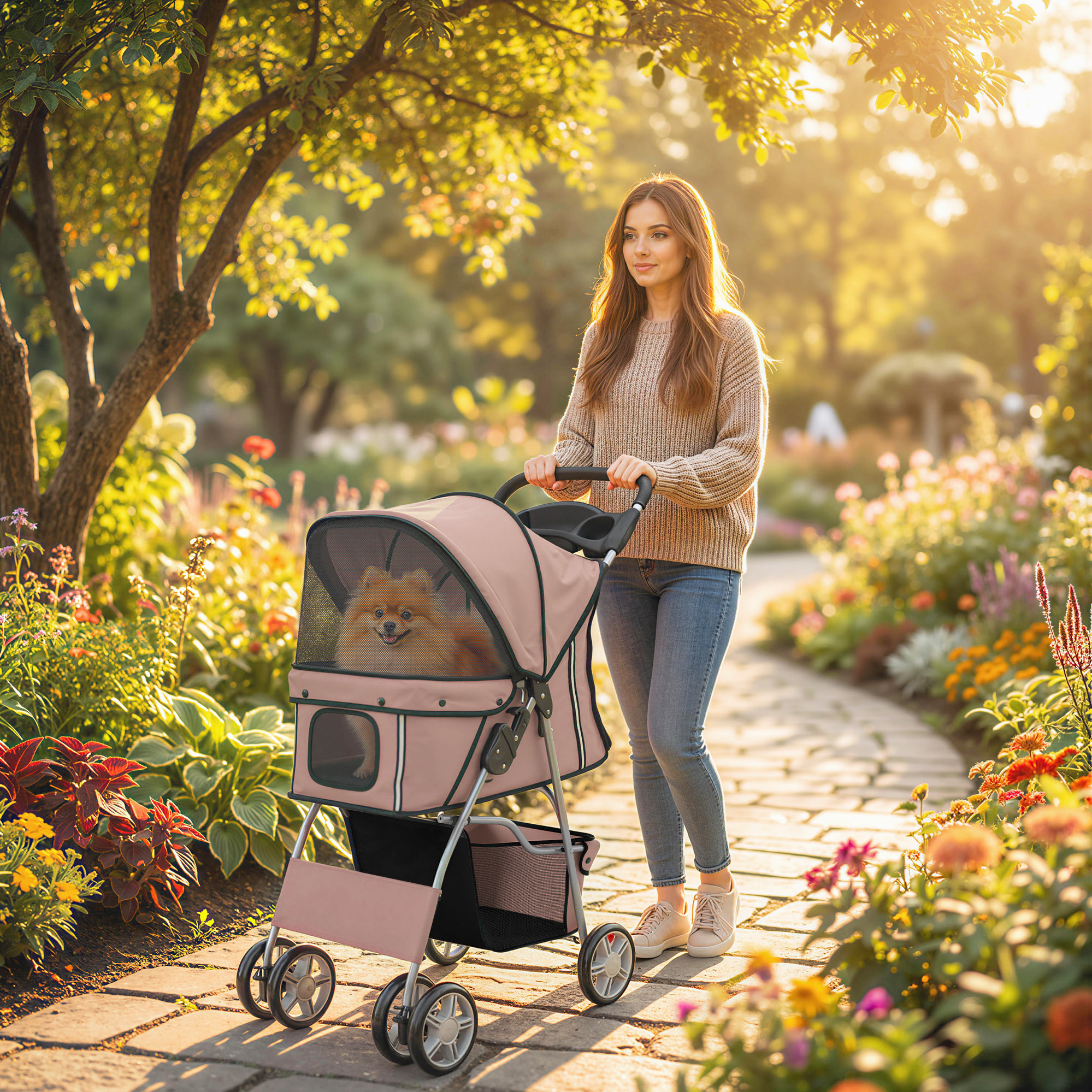 Carrito para Perros Plegable, Cochecito para Perros Pequeños con Cesta de Almacenaje, Ventanas de Malla, Portavasos, Ruedas y Cojín Lavable, Carga 10 kg, 77x44x102 cm, Café