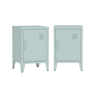 Lot de 2 tables de chevet en acier 1 porte. Bleu clair. casiers. L 38 x P 38 x H 55.7 cm