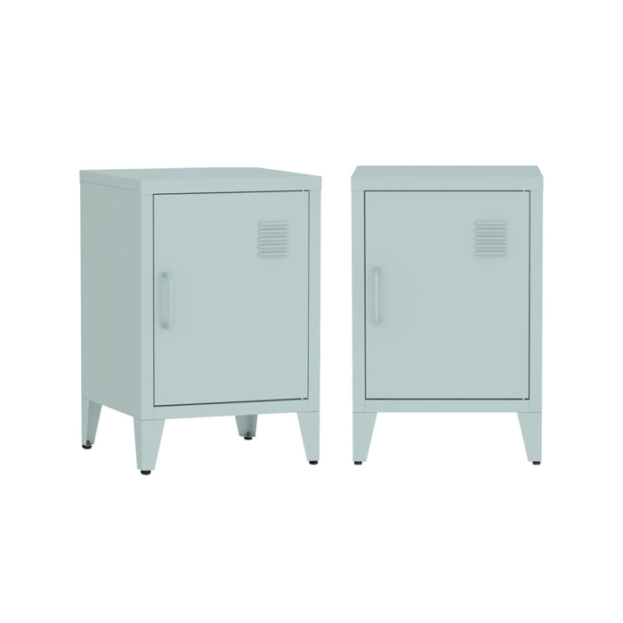 Lot de 2 tables de chevet en acier 1 porte. Bleu clair. casiers. L 38 x P 38 x H 55.7 cm