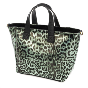 Cassandra borsa tote donna. Pelle autentica Camoscio, stampa animale leopardata, laccato lucido.