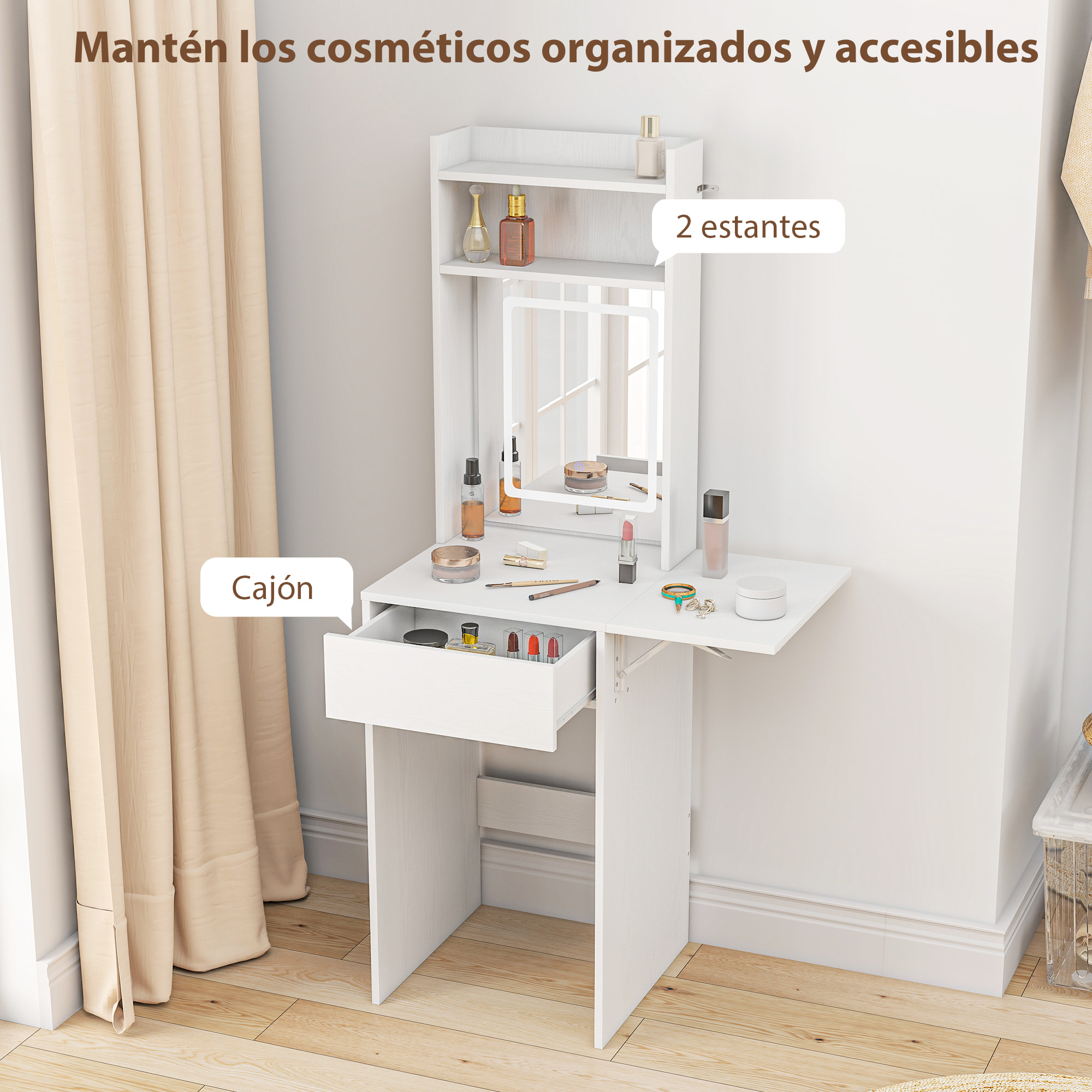 Tocador de Maquillaje con Luces LED de Color Ajustable y Espejo Tocador con Lateral Abatible Cajón Compartimentos Abiertos para Espacios Pequeños Blanco