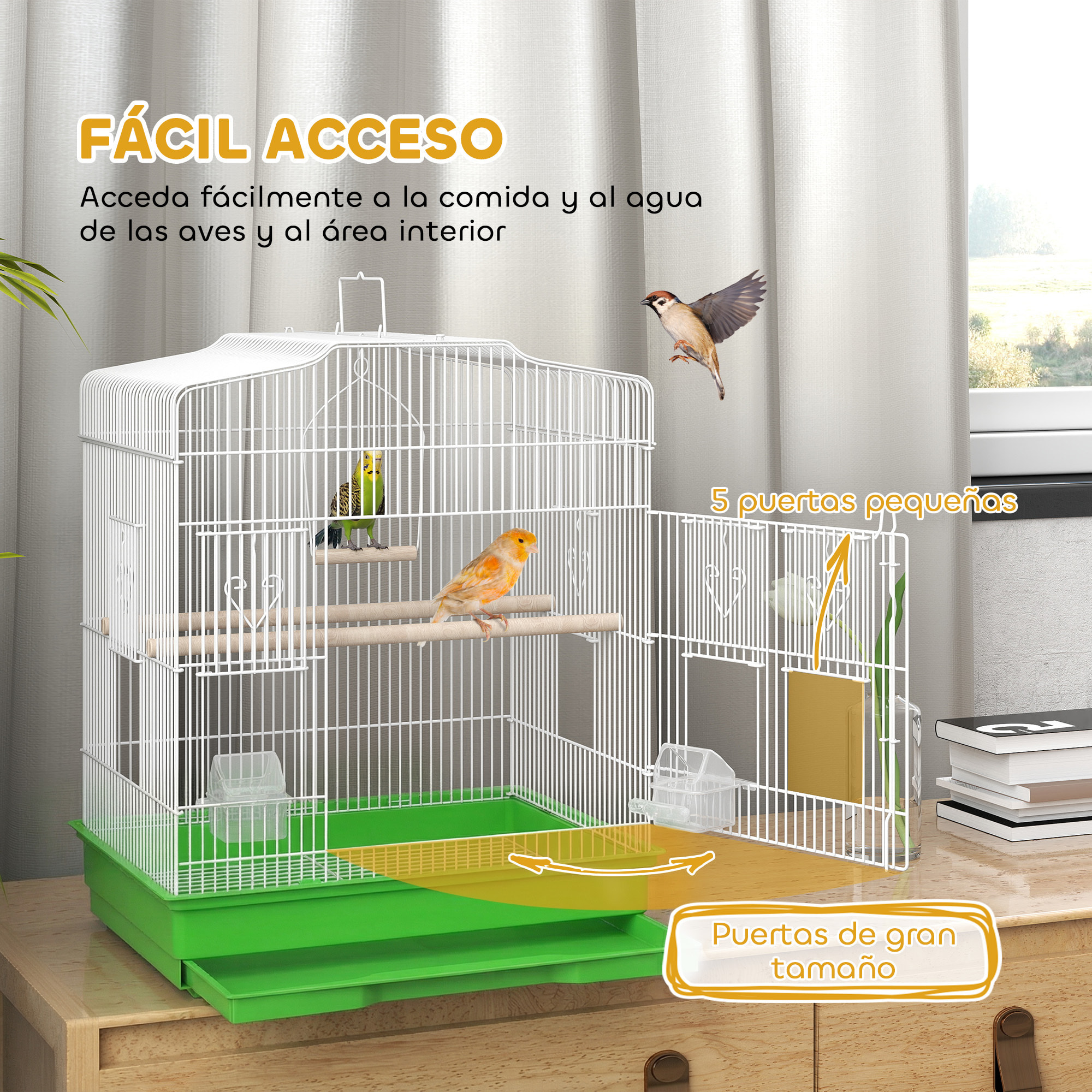 Jaula para Pájaros, Jaula de Acero para Pájaros con Puertas, 2 Comederos, 2 Perchas, Columpio, Bandeja Extraíble y Asa de Transporte, para Loro, Canario, Periquito, 46,5x36x59 cm, Verde