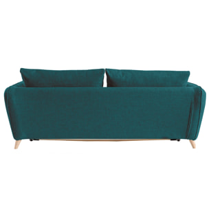 Canapé convertible scandinave 3 places en tissu bleu paon et bois clair avec matelas 10 cm CREEP