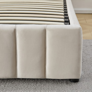 Lit Coffre Trocadéro en Velours Beige, Grand espace de Rangement, Tête de Lit Rembourrée, Sommier à Lattes Actives, Robuste et Confortable