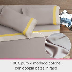 Completo letto doppia balza RASO IPERSAN Puro Cotone Panna/Ocra fondo Tortora