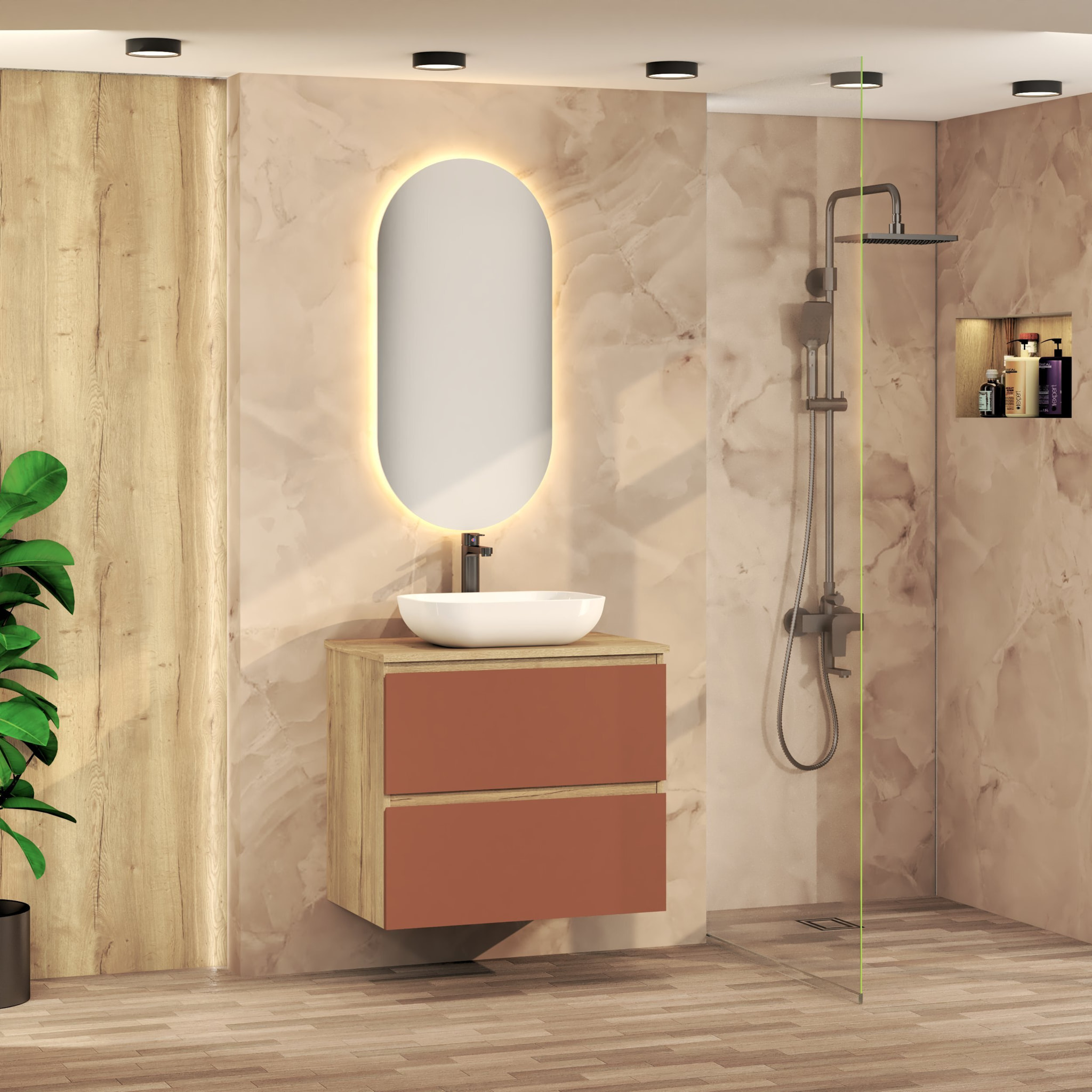 CONJUNTO DE BAÑO NIA | MUEBLE SUSPENDIDO | 70 CM SCARLATO | DOS CAJONES | LAVABO SOBREPUESTO | NO INCLUYE ESPEJO | MUEBLE MONTADO| ALDAY