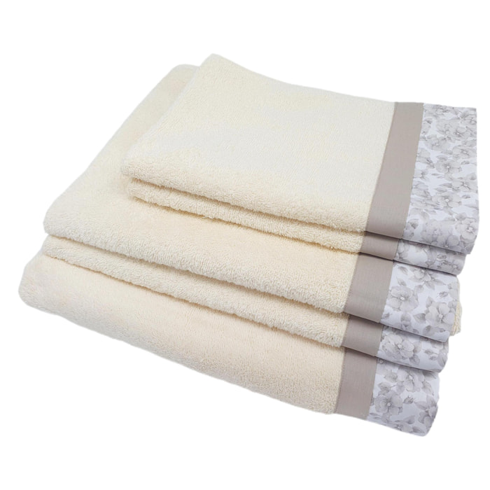Set Spugna PRIMULA 5 Pezzi: 2 Viso+2 Ospite + 1 Telo Bagno - 450 gr/m² - Panna - Puro Cotone