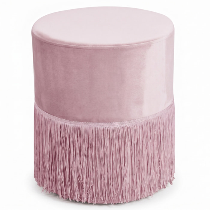 Pouf rotondo in velluto con frange decorative Ø34x40 cm, sgabello imbottito design glamour elegante, seduta decorativa per salotto camera da letto ingresso e cabina armadio, struttura resistente fino a 100 kg
