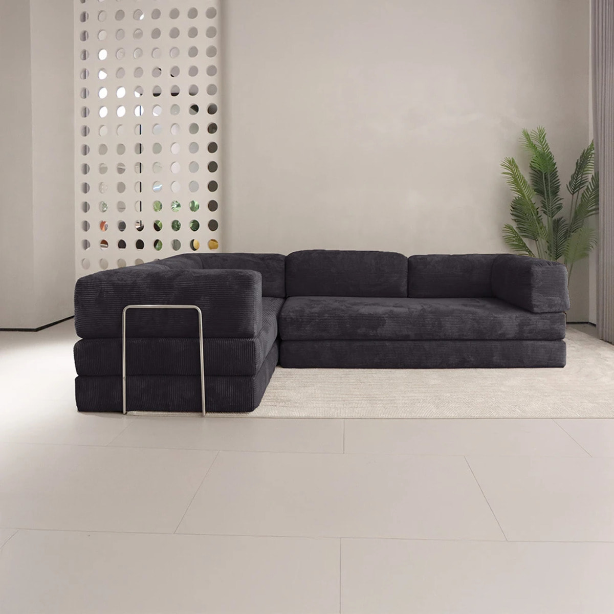 TRENDY - Canapé compressé 5 places angle modulable en velours côtelé anthracite