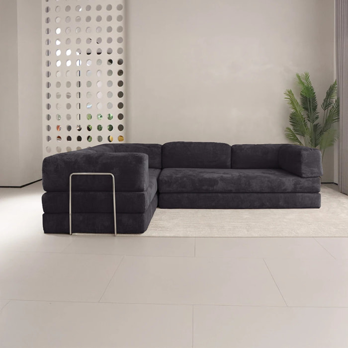 TRENDY - Canapé compressé 5 places angle modulable en velours côtelé anthracite