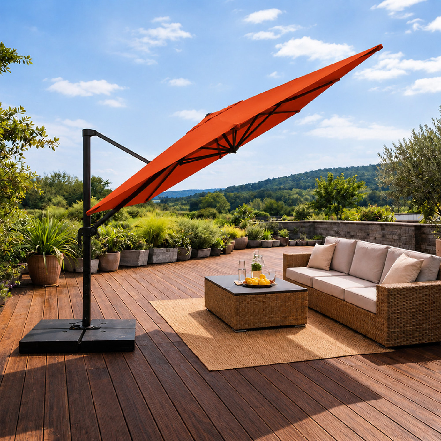 Parasol rectangulaire 3x4 déporté rotatif terracotta en aluminium GHAZIE