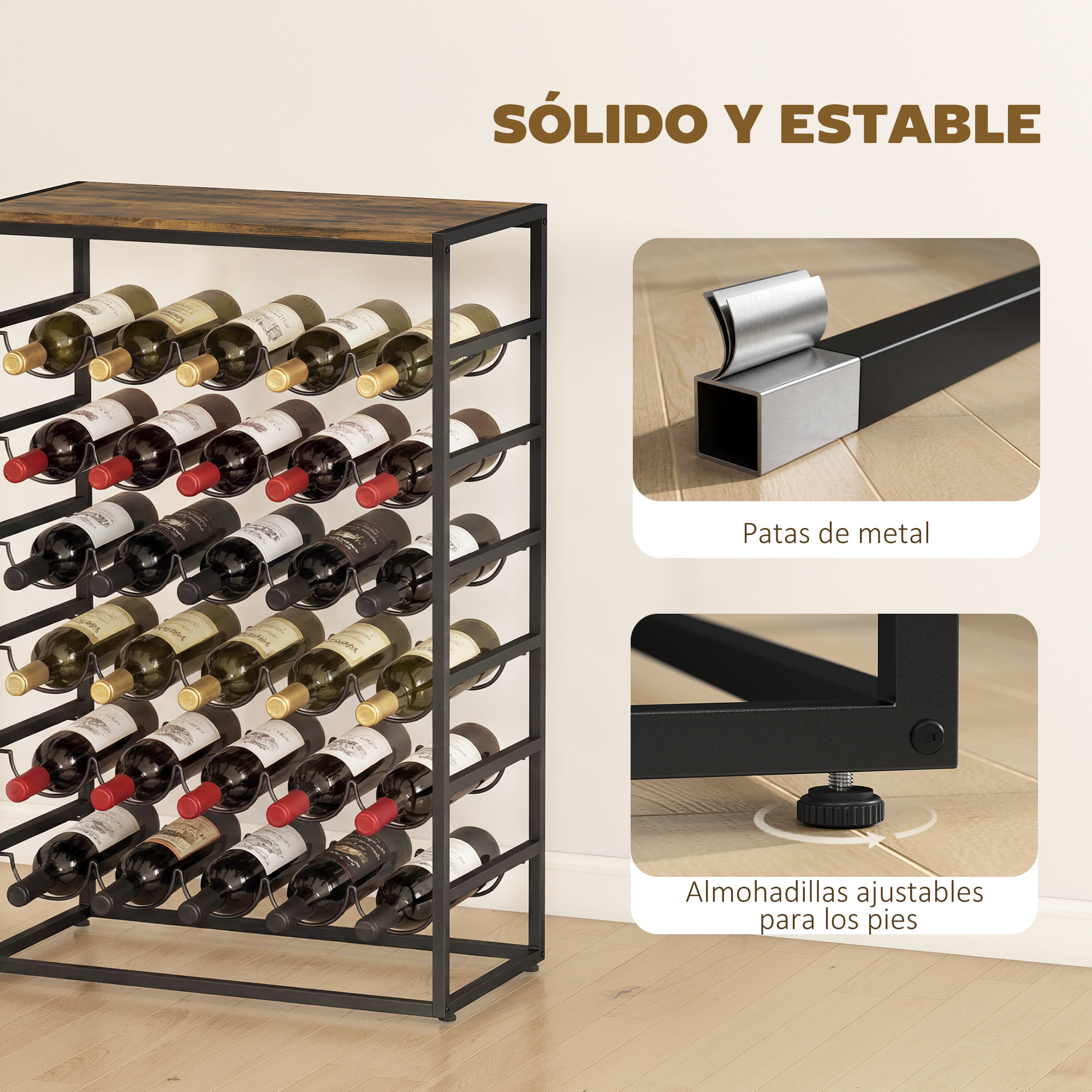 Botellero para 30 Botellas, Botellero para Vino de 6 Niveles con Encimera de Efecto Madera, Estilo Industrial, para Cocina, Comedor, Bar, 59x30x88,5 cm, Marrón Rústico