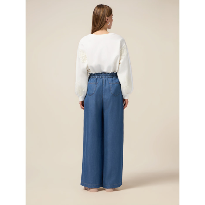 Oltre - Pantaloni palazzo in tencel effetto denim - Blu