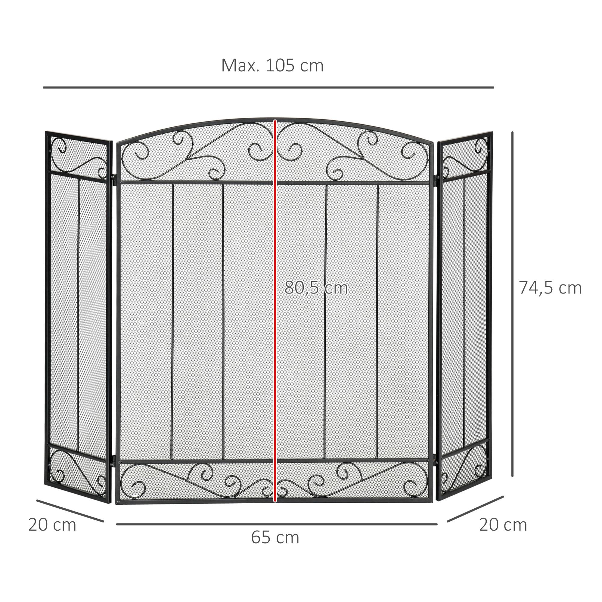 HOMCOM Salvachispas Plegable para Chimenea Pantalla Triple Protector para Estufas 3 Paneles con Bisagras 105x80,5 cm Estructura de Metal y Alambre Decorativo Negro