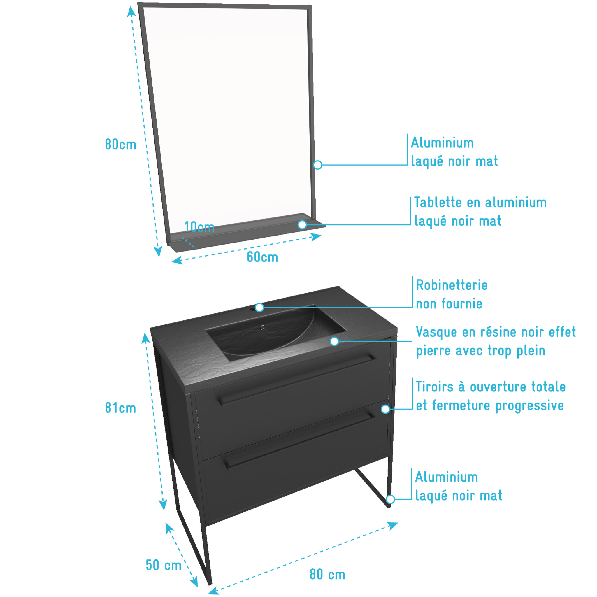 Meuble de salle de bain 80x50 cm - 2 tiroirs noir mat - vasque résine noire effet pierre + miroir