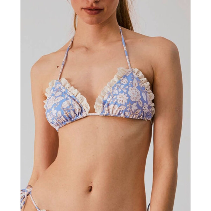 Top de bikini triangular de cortina con volantes y estampado floral