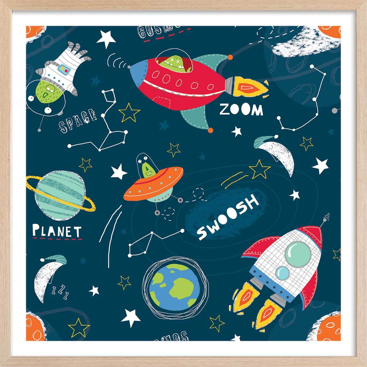 Affiche enfant happy cosmos Affiche + cadre en bois - Chêne