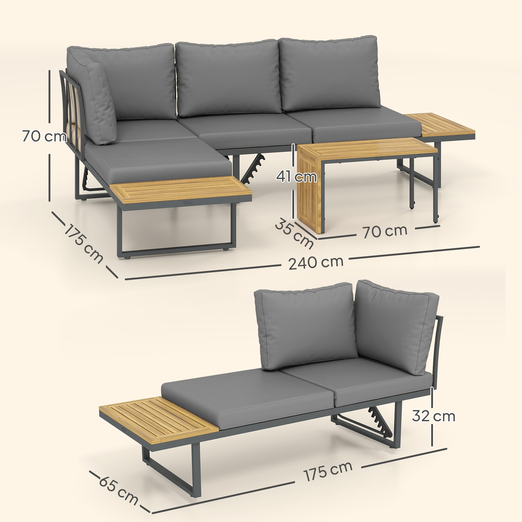 Ensemble salon de jardin 4 places modulable réglable avec table basse acier gris bois d'acacia verni