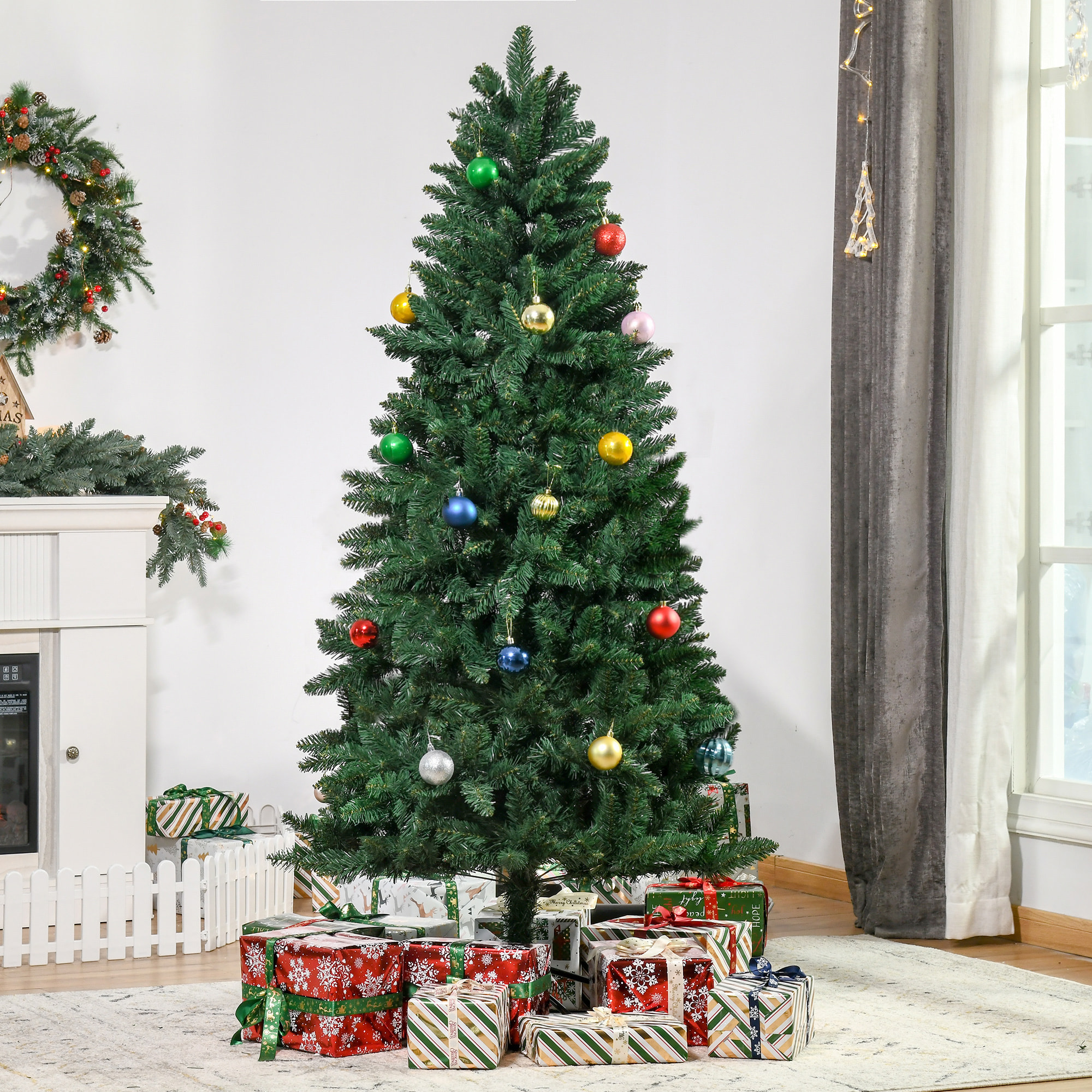 HOMCOM Árbol de Navidad Artificial 180 cm Ignífugo con 724 Ramas con 2 Tipos de Puntas de PVC Base Plegable y Soporte de Acero Decoración Navideña de Interior Verde