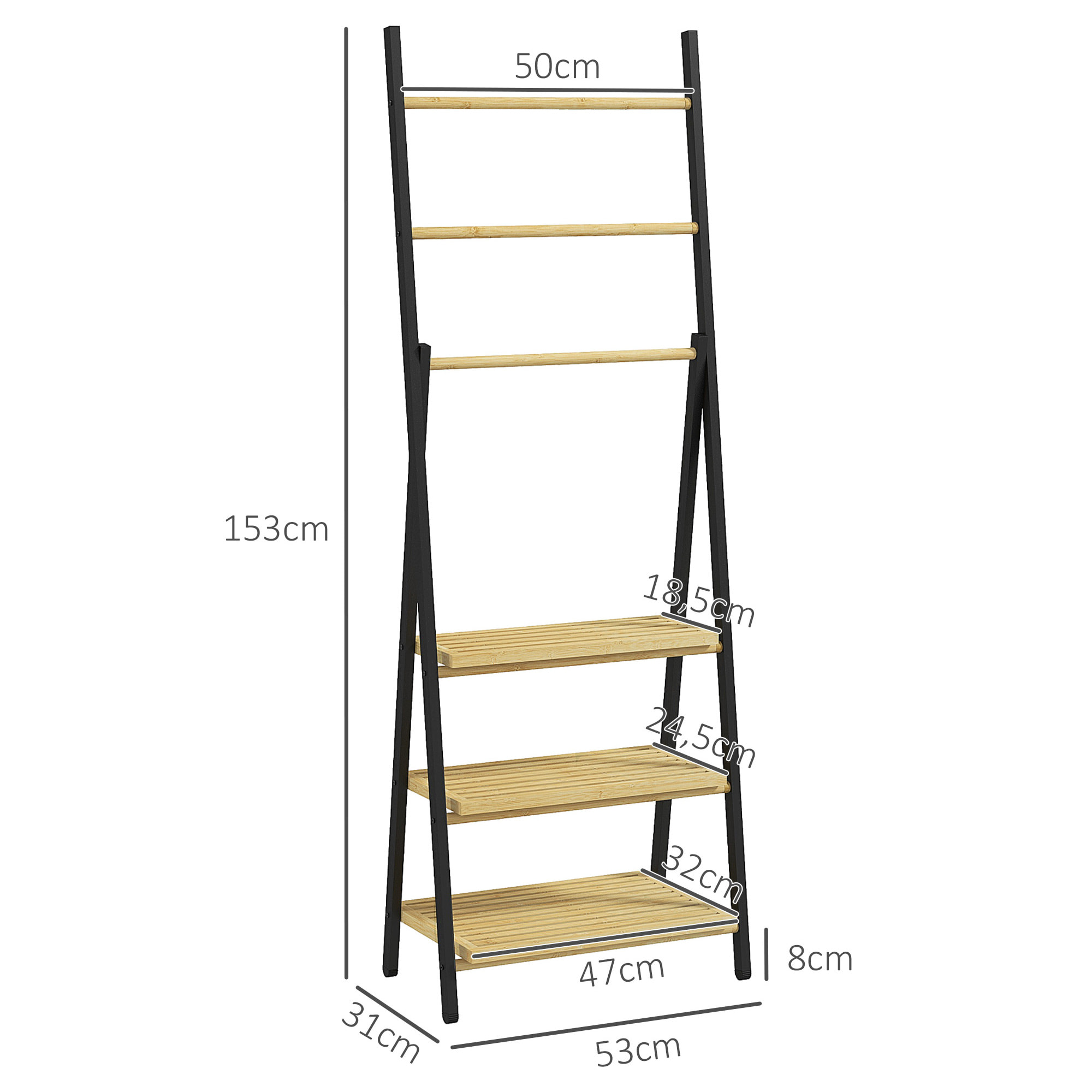 Porte-serviettes pliable 3 barres de suspension et 3 étagères en bambou pour salle de bains, structure métal noir