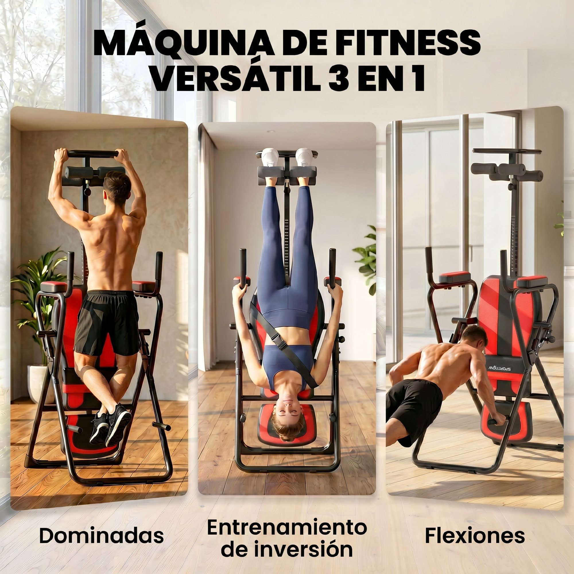 Tabla de Inversión Plegable 3 en 1 con Dominadas y Flexiones Reposacabezas Altura Ajustable 155-198 cm Ángulos 20° 40° 60° Banco de Inversión con Soporte Lumbar Tobillo Bloqueo Cinturón Rojo