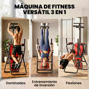 Tabla de Inversión Plegable 3 en 1 con Dominadas y Flexiones Reposacabezas Altura Ajustable 155-198 cm Ángulos 20° 40° 60° Banco de Inversión con Soporte Lumbar Tobillo Bloqueo Cinturón Rojo