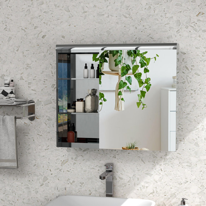 Armoire miroir salle de bain - meuble mural 2 étagères - dim. 70L x 13l x 60H cm - acier inox. verre