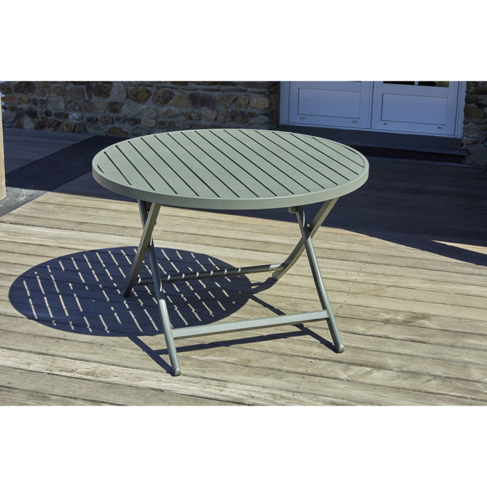 MARIUS - Table de jardin ronde pliante en aluminium vert kaki