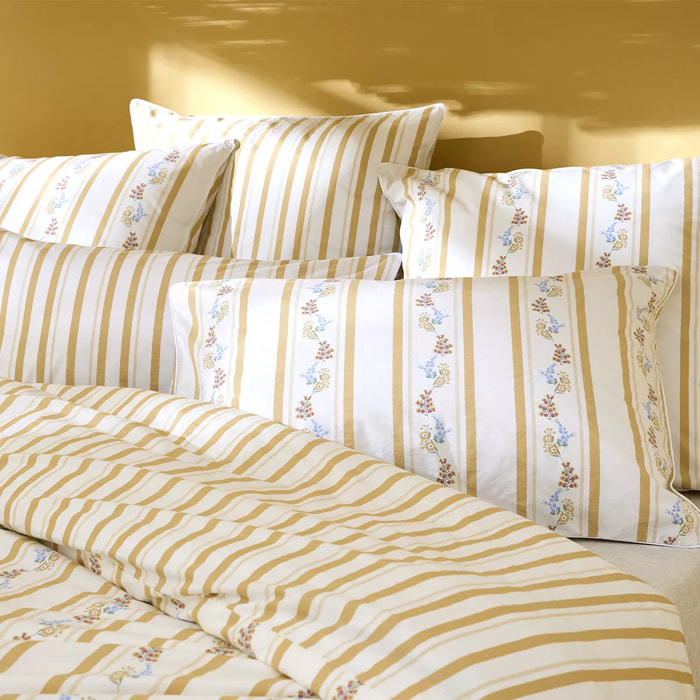 Lot de 2 taies percale de coton lavé rayé jaune beige Honfleur paille