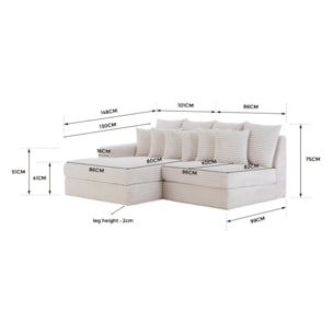 KENDARI Canapé d'angle 2/3 places assise profonde en velours côtelé vert