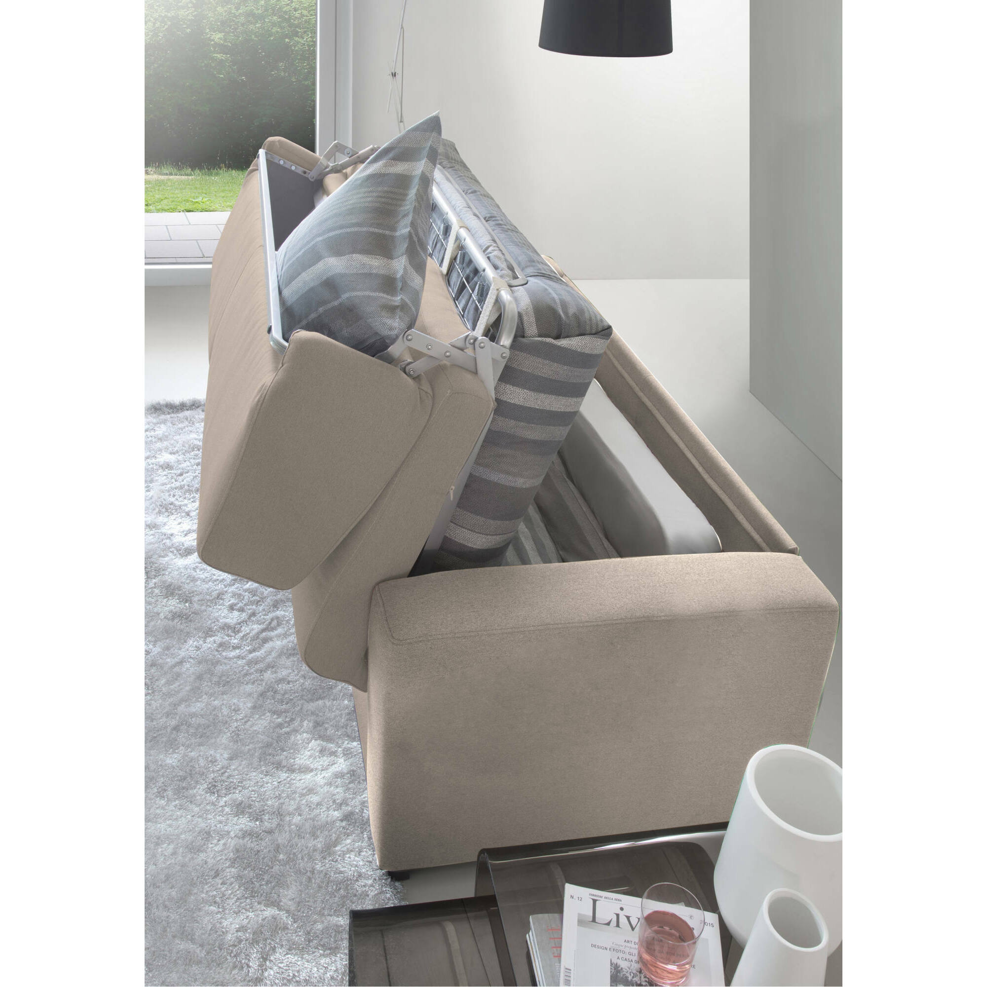 Divano letto con penisola Afar, Sofà con apertura girevole, Penisola contenitore Destra, Braccioli slim, 100% Made in Italy, Cm 260x95h90, Tortora
