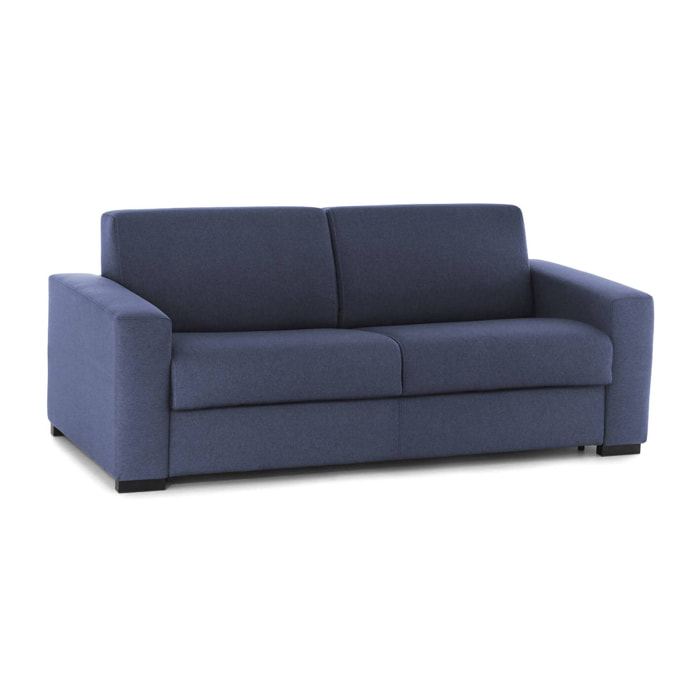 Divano letto 2 posti Asimi, Sofà Soggiorno con apertura girevole, Tessuto imbottito, Braccioli standard, 100% Made in Italy, Cm 180x95h90, Blu